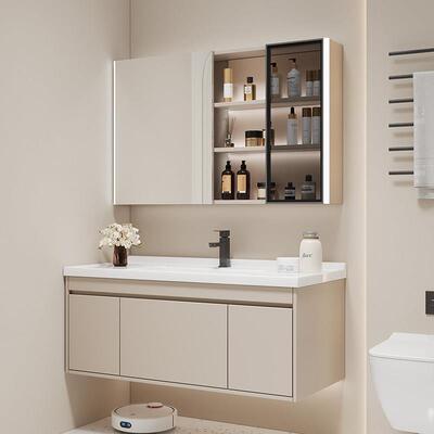 奶油风陶瓷一体盆智能实木浴柜组合化妆室洗手台洗脸盆洗漱台柜