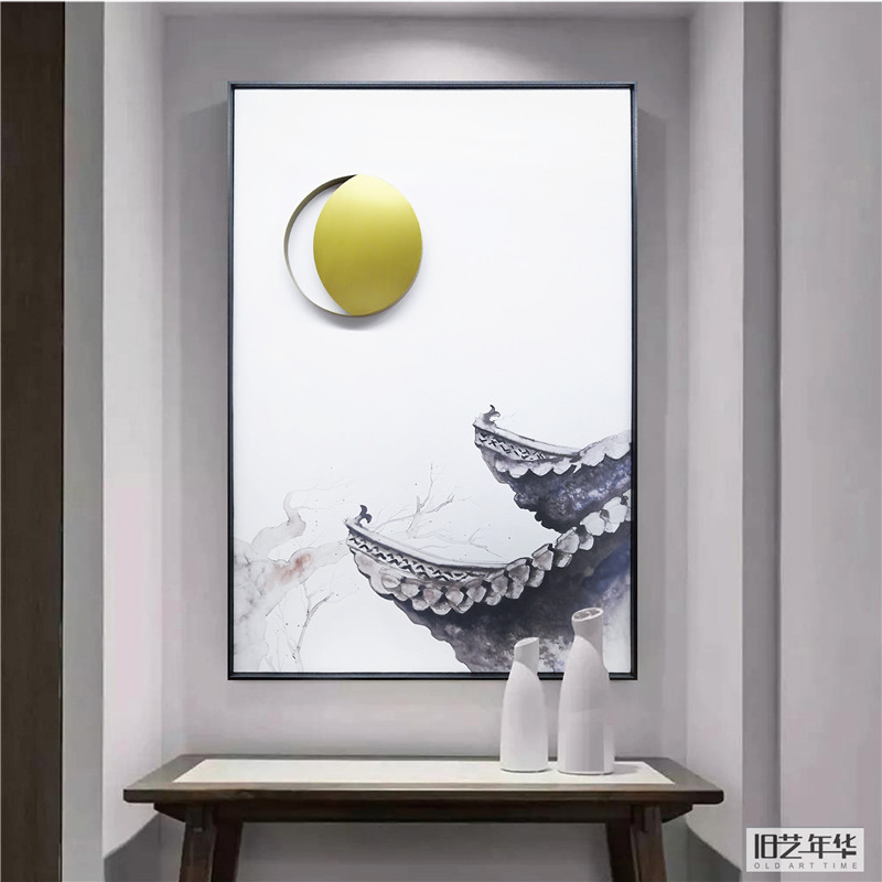 中式禅意月亮屋檐实物画古代建筑檐角立体装饰画客厅卧室数字油画