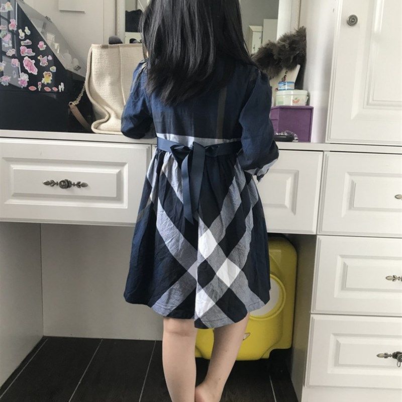 伯米吉春秋装女童藏蓝色格纹长袖连衣裙纯棉英伦风公主裙礼裙童装