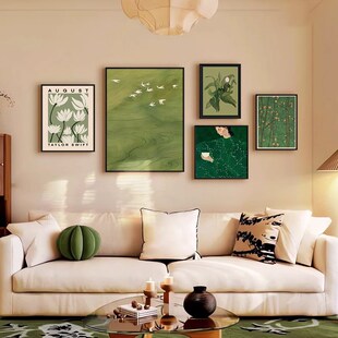 法式复古客厅装饰画中古风沙发背景墙挂画高级感绿色风景组合壁画