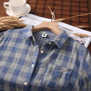 小个子小码中性男女文艺纯棉打底衬衫格子双层棉纱长袖衬衣