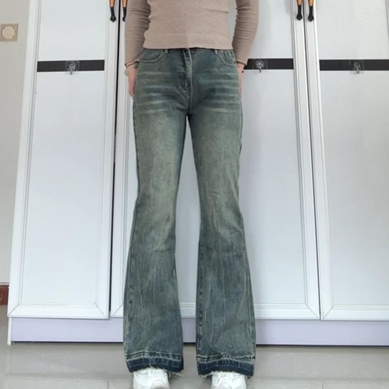 复古肌理感微辣牛仔裤女春新款胖mm梨形身材高腰显瘦不贴腿喇叭裤