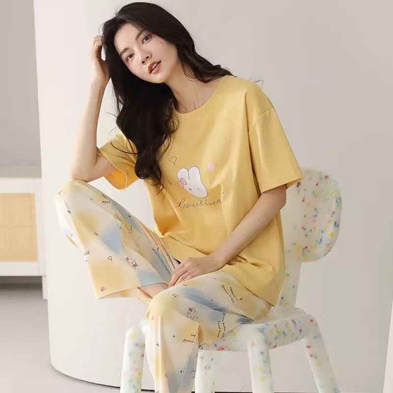 睡衣女款夏季纯棉短袖长裤2025新款全棉透气凉感家居服套装可外穿