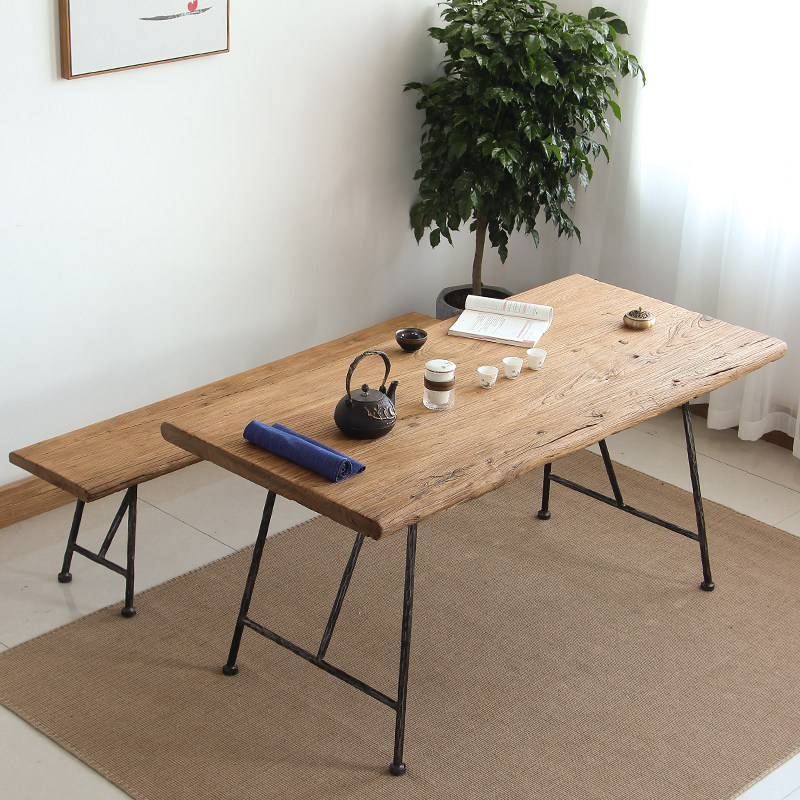 老榆木复古门板茶桌原木长条桌板怀旧全实木茶台书桌吧台桌椅定制