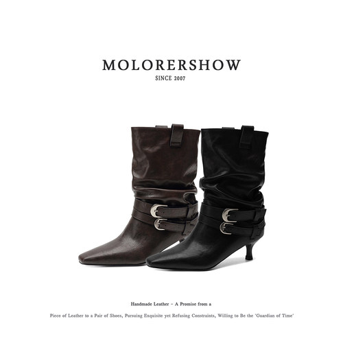 MOLORERSHOW【酷感辣妹】堆堆中筒靴女双搭扣尖头细跟酷感时装靴