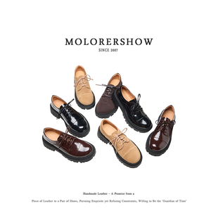 MOLORERSHOW【超软】绑带圆头厚底粗跟一脚蹬乐福单鞋女jk小皮鞋