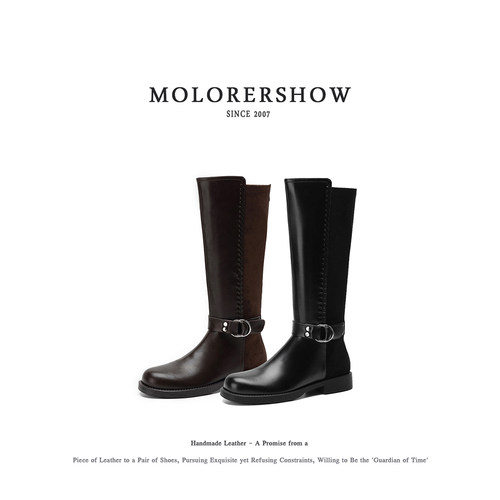 MOLORERSHOW【酷飒机车】骑士女靴金属扣皮带圆头平底机车高筒靴