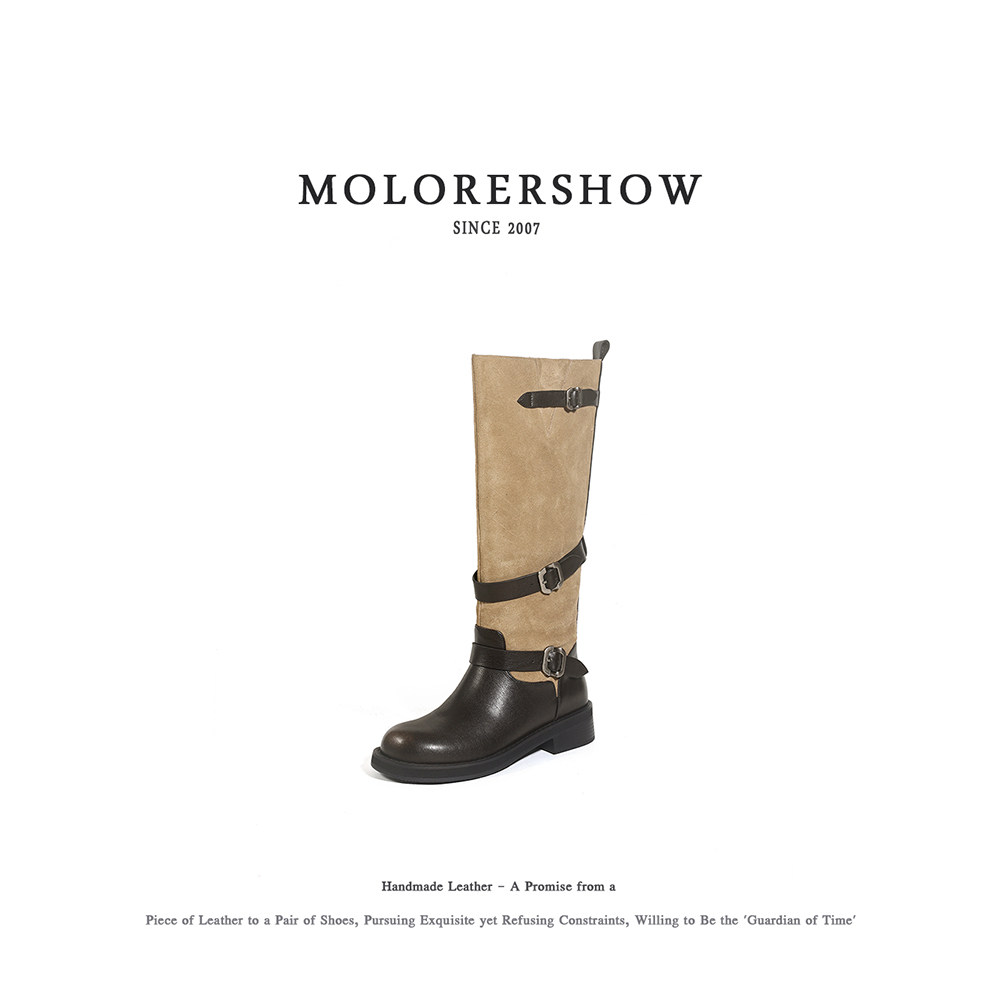 MOLORERSHOW【个性拼接】复古风圆头粗跟女显瘦高筒秋冬骑士靴