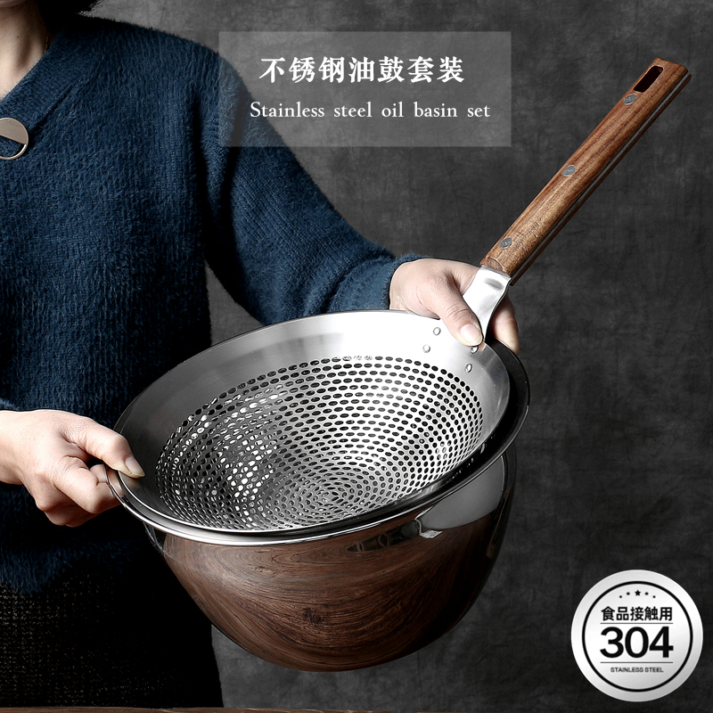 特厚304不锈钢油盆带盖子家用厨房油缸商用猪油调料盆油鼓漏勺套