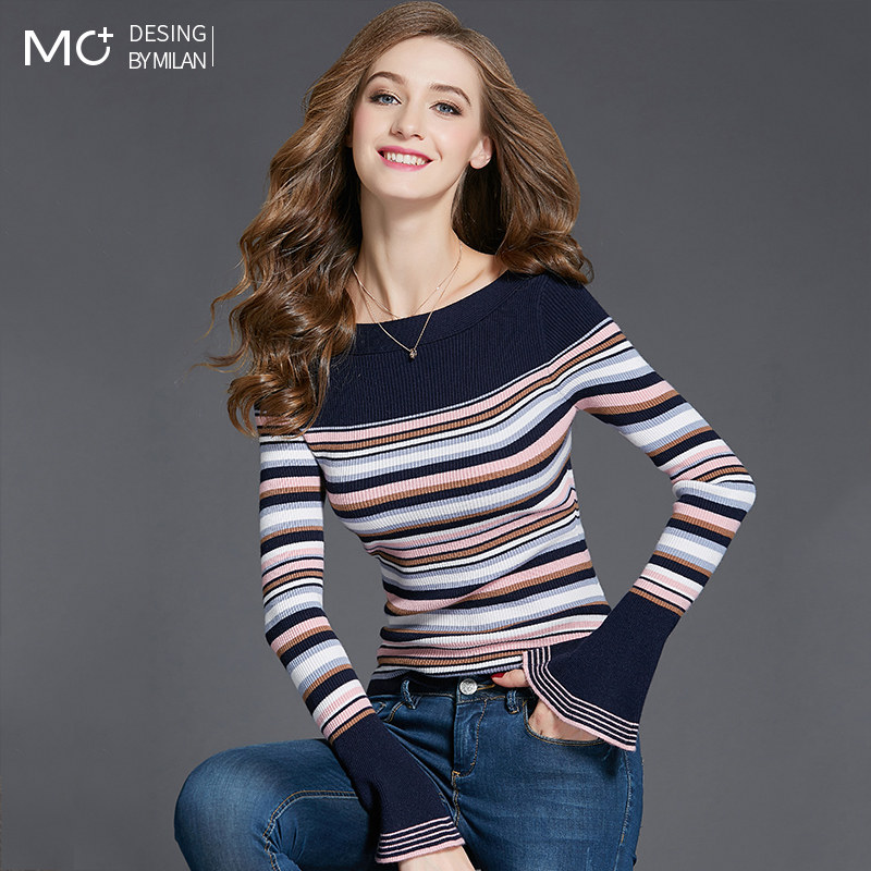 2025春季新款修身条纹打底衫长袖喇叭袖毛衣一字领针织衫女外穿,女装/女士精品,毛针织衫,淘宝优惠券,粉丝福利购,淘宝优惠卷