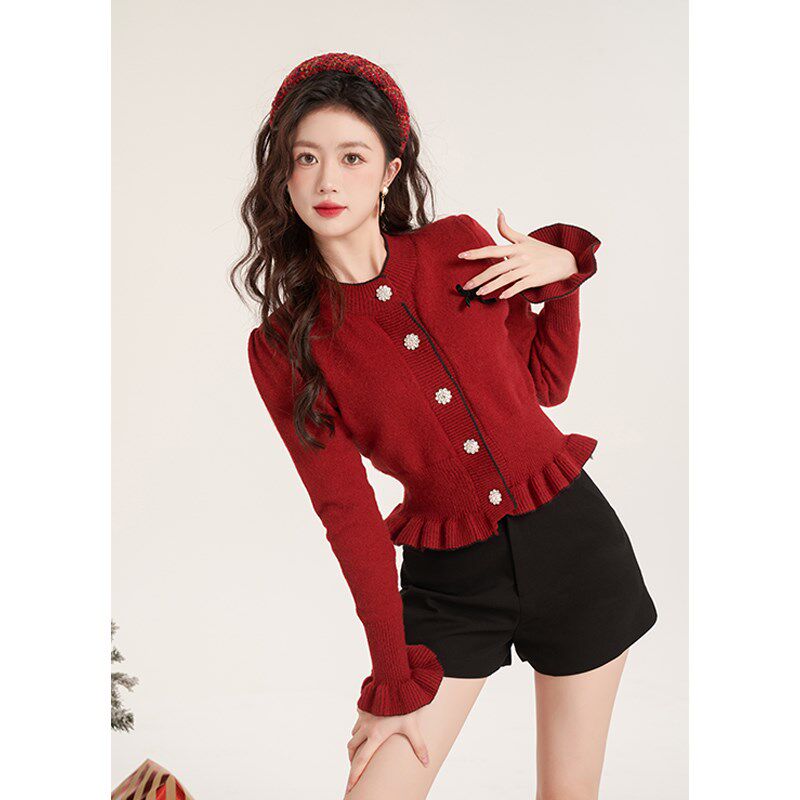 短款荷叶边红色开衫毛衣女冬季2023新款小个子甜美法式针织衫上衣
