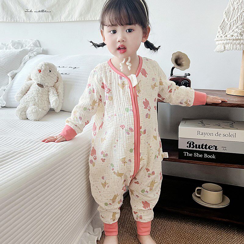 宝宝睡袋春秋薄款纯棉纱婴儿分腿防踢被夏男女孩儿童连体睡衣四季