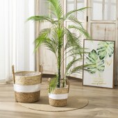 草编花盆篮子筐编织手工蒲草草编竹编花篮手拎盆栽编织蓝草筐盆