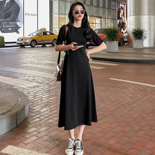 黑色连衣裙高级感春夏季裙子2024新款女收腰显瘦短袖气质a字长裙