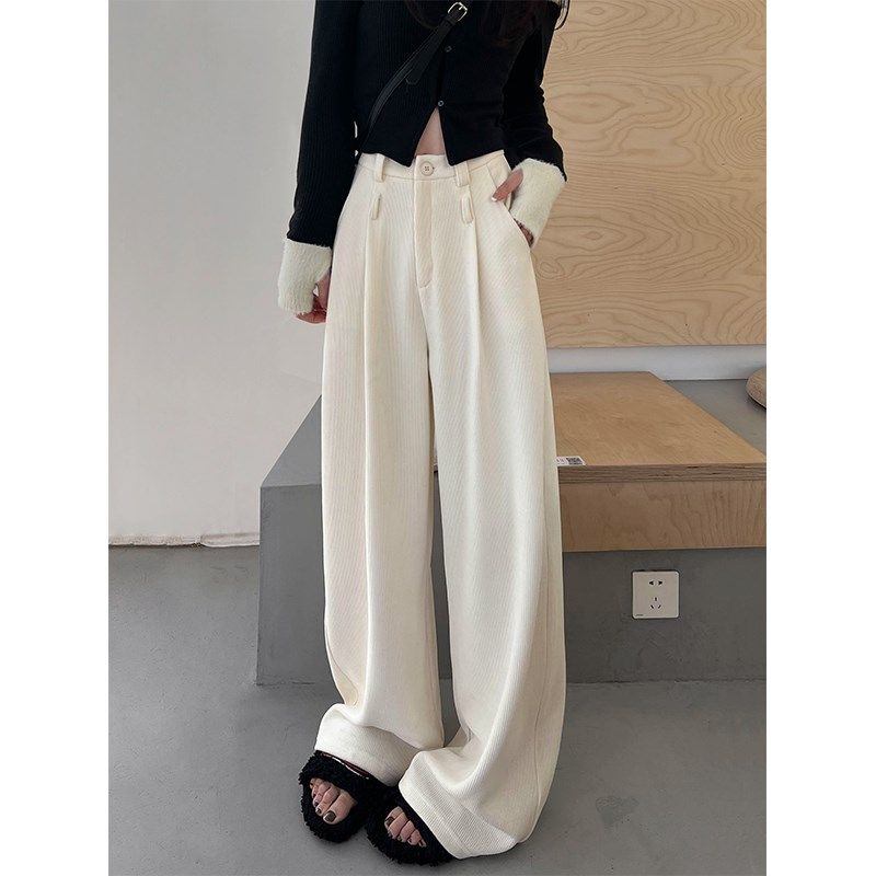 白色雪尼尔阔腿裤女秋冬新款加绒垂感窄版高腰灯芯绒拖地西装裤子