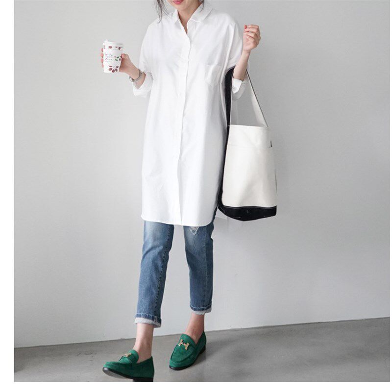 2021秋冬白色棉衬衫女宽松bf风大版中长款风搭长袖衬衣韩国东大门