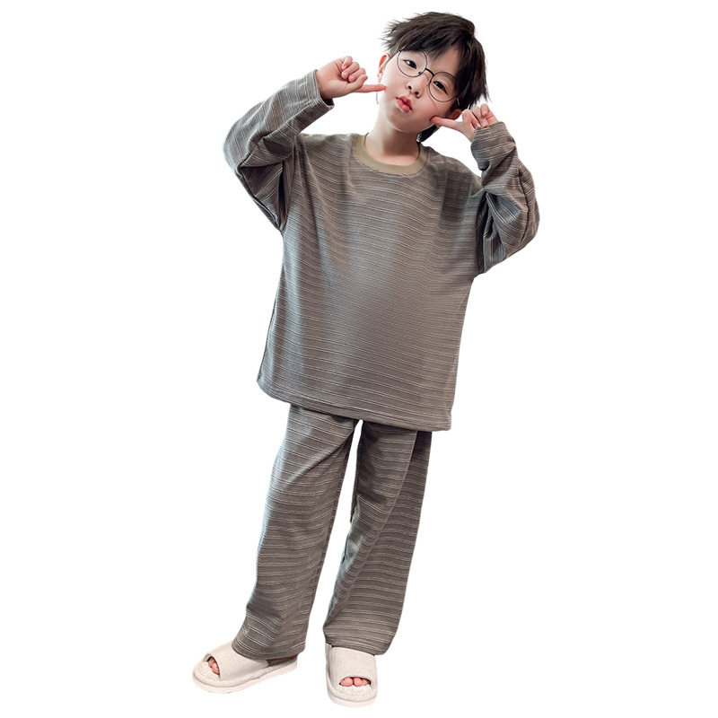 男童德绒睡衣秋冬装大中童3-14岁宽松休闲条纹家居服套装宝宝童装