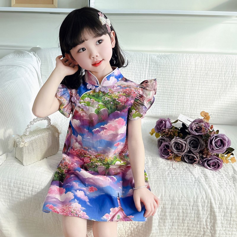 儿童旗袍夏季女童中大童宝宝纯棉中国风卡通短袖旗袍演出服连衣裙
