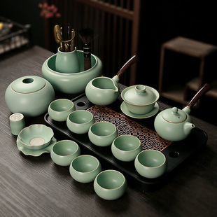家用客厅中式 轻奢汝窑功夫茶具套装 茶盘复古汝瓷侧把壶盖碗茶叶罐