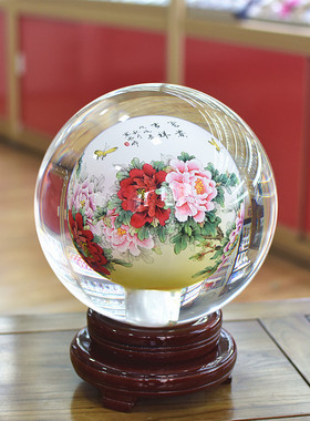 富贵牡丹内画水晶琉璃球玻璃工艺品家居摆件商务礼品送领导客户