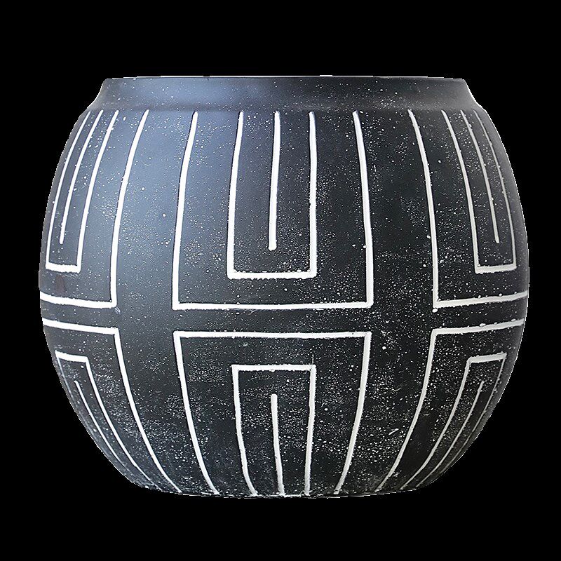 复古做旧黑色水泥灯笼花盆条纹大肚花器摆件绿植盆栽侘寂风大号