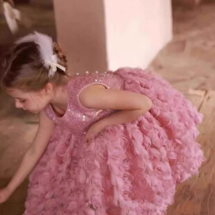 女童轻奢立体玫瑰花连衣裙甜美背心蓬蓬公主裙周岁礼服裙女宝花童