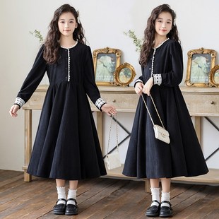 中大女童长袖连衣裙2024新款气质中长款法式裙子儿童洋气亲子秋冬