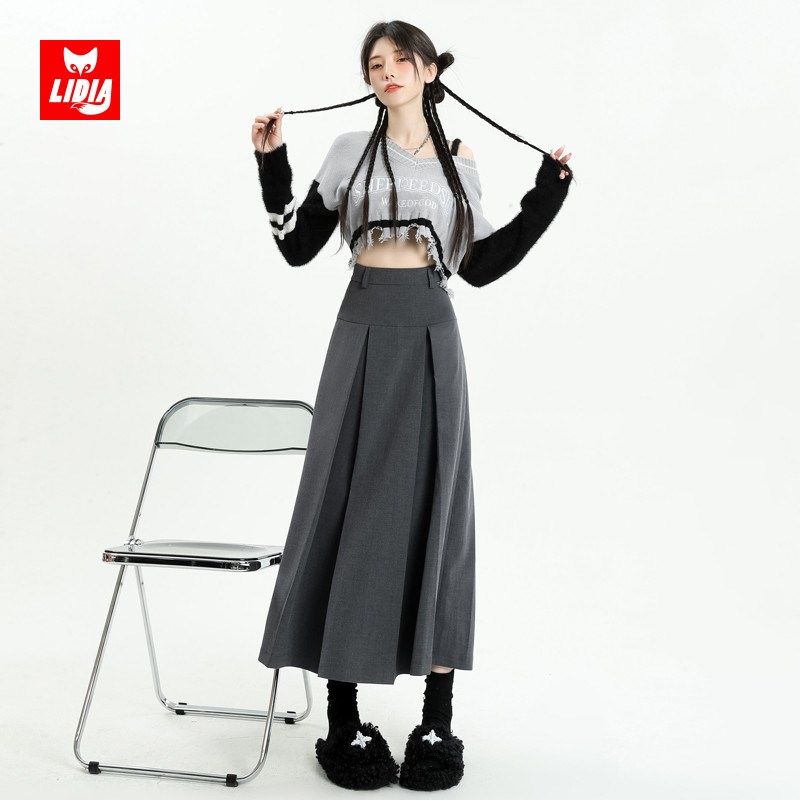 灰色百褶半身裙女春季高腰显瘦西装面料小个子学院风a字包臀裙子