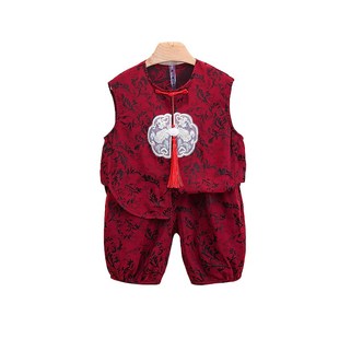 男童背心套装夏季汉服宝宝中式国风红色女童短袖男生周岁礼服衣服