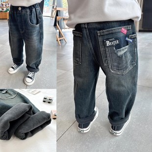 洋气复古男童深色加绒软牛仔裤2024秋冬季新款儿童百搭一体绒裤子