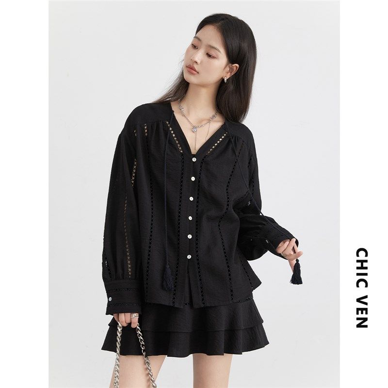 CV大码女装 2024夏季新款V领蕾丝镂空系带衬衫半身蛋糕短裙套装女