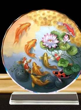 荷花鲤鱼图水晶摆件装饰画招财年年有余九鱼图新中式锦鲤桌面摆台