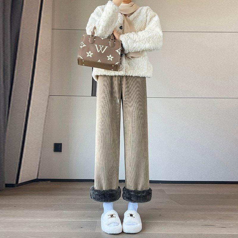 加绒加厚阔腿裤女秋冬季高腰直筒休闲裤黑色羊羔绒保暖外穿棉裤子