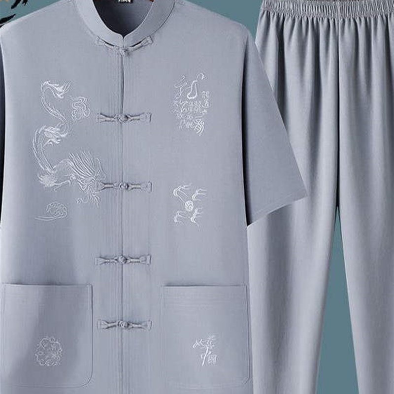 夏季男士短袖老人汉服国风宽松装爷爷装中式套装半袖VM363