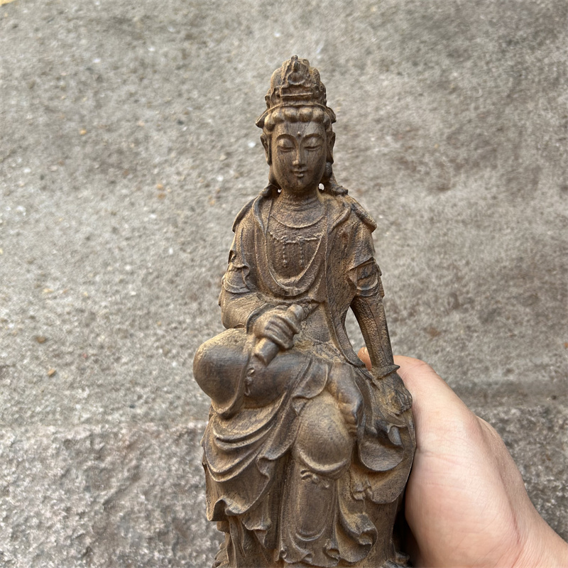 越南沉香木雕坐式踏莲自在观音佛像摆件南海观音菩萨神像手持经书
