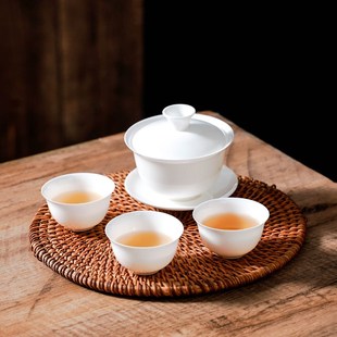 潮州骨瓷超薄胎三才盖碗可悬停高档白瓷茶具茶杯单个家用泡功夫茶