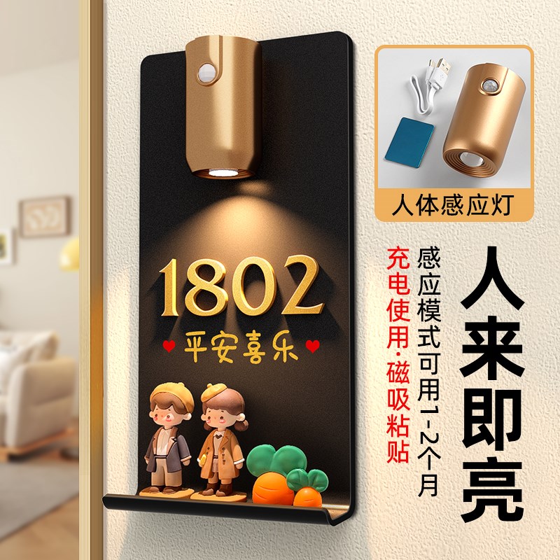 家门牌号高级感轻奢创意感应灯高端大气入户门卡通可爱玩偶2024年