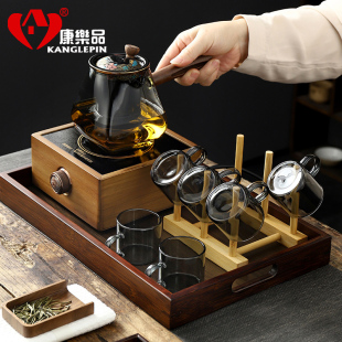 家用室内加厚玻璃耐高温煮茶壶胡桃木黑晶炉茶水分离煮茶器提梁壶