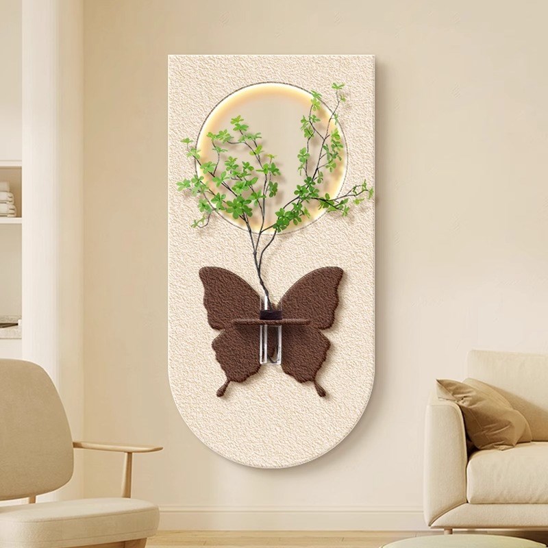 侘寂奶油风客厅装饰画高级感砂岩画入户玄关挂画发光灯壁画带绿植