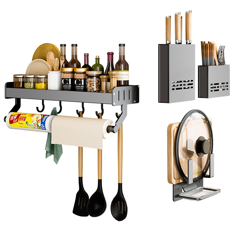 枪灰厨房置物架免打孔调料架筷子笼锅盖架刀架壁挂式多功能收纳架