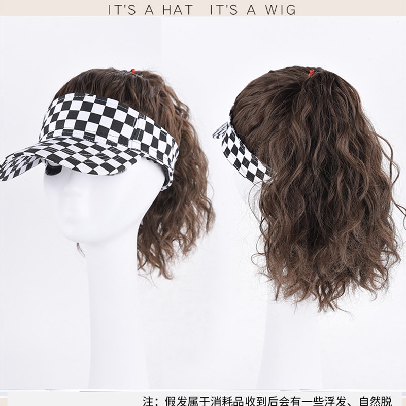 帽子假发女一体夏季时尚遮阳黑白格空顶帽玉米须网红蓬松假发帽子