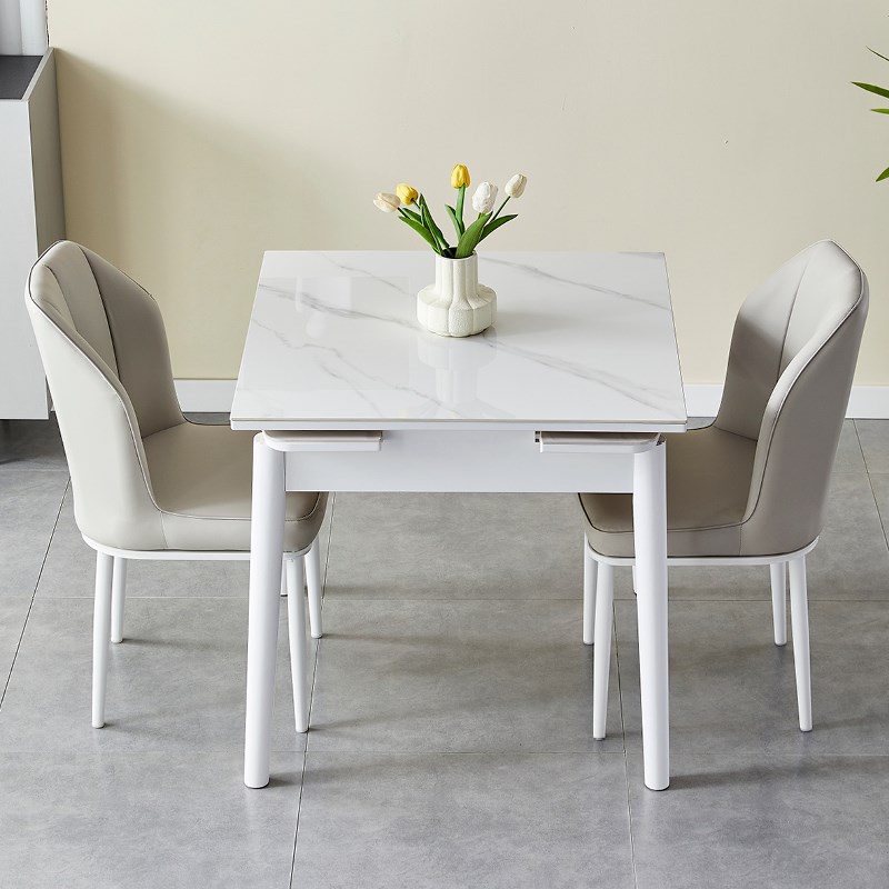 白色奶油风纯白岩板餐桌椅现代小户型家用折叠实木餐桌子