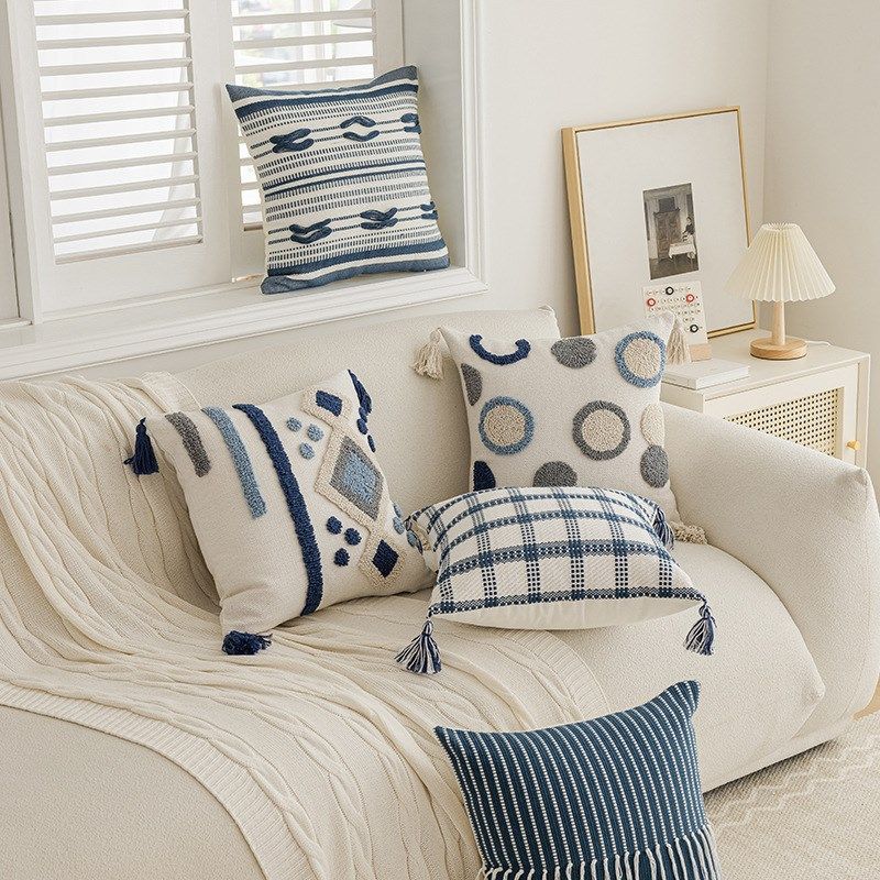 in风蓝色系客厅沙发床头多用家用车用条纹波点流苏抱枕靠,居家布艺,抱枕被,淘宝优惠券,粉丝福利购,淘宝优惠卷