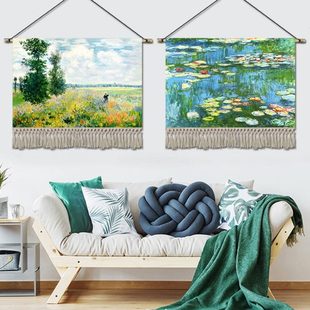 饰北欧挂画 莫奈风景油画挂毯布艺玄关书房挂布沙发大尺寸背景墙装