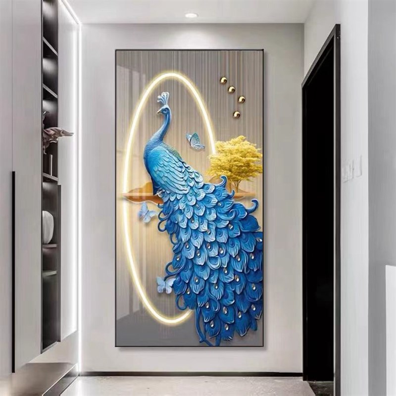 入户玄关装饰画现代简约吉祥孔雀挂画客厅竖版过道走廊背景墙壁画图片
