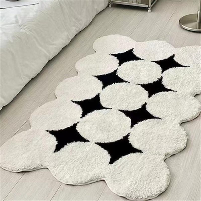 黑白简约奶油风地毯植绒地毯客厅卧室床边毯异形长绒书房防滑毯