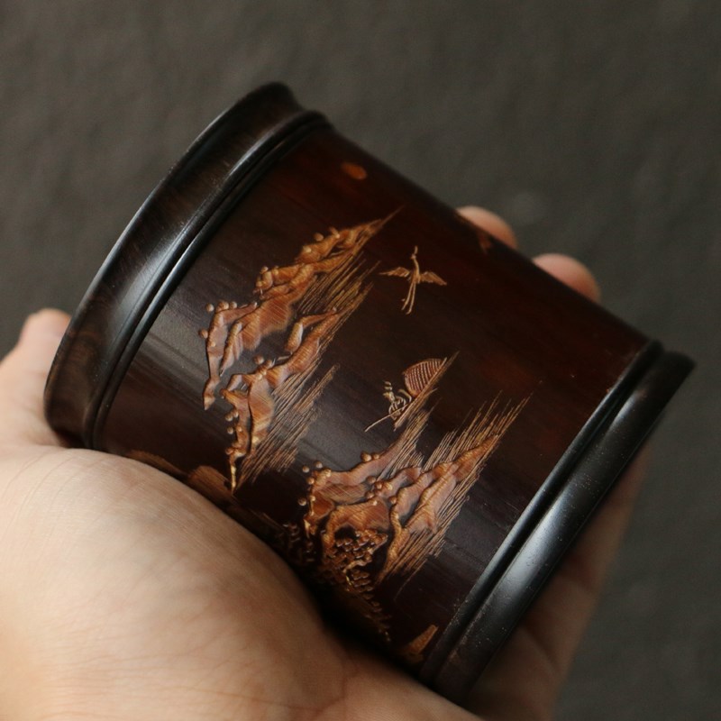 广西百年拆房老竹苏工黑檀木螺纹口纯手工精工雕刻山水图茶叶罐仓