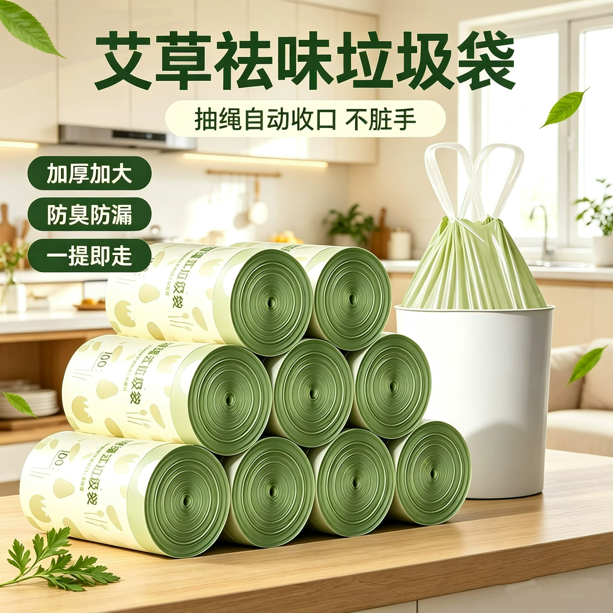 艾草香氛抽绳垃圾袋祛味家用宿舍加厚手提式大号厨房塑料袋防漏