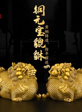 黄铜貔貅富贵貔恘公母一对大号皮丘招入户玄关客厅店铺财天禄
