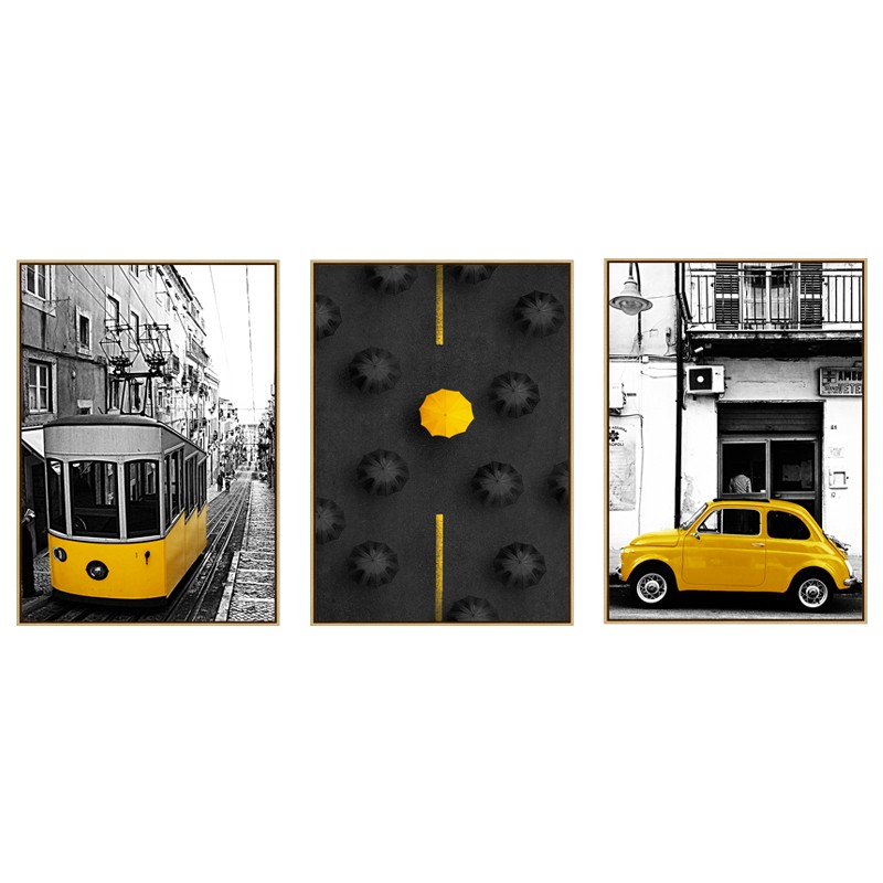 黑白工业风客厅灰色装饰画黄巴士电车出租车雨伞样板玄关餐厅挂画